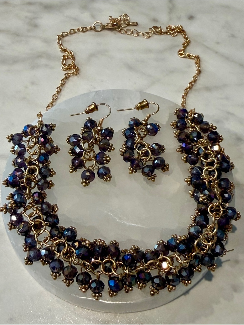 Gold Chain Necklace and Earring Set with Iridescent Dark Blue Beads